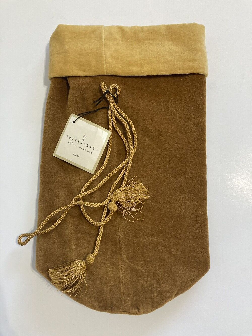 Pottery Barn Golden Velvet Wine Gift Bag Carry Sleeve With Tassle 100% Cotton